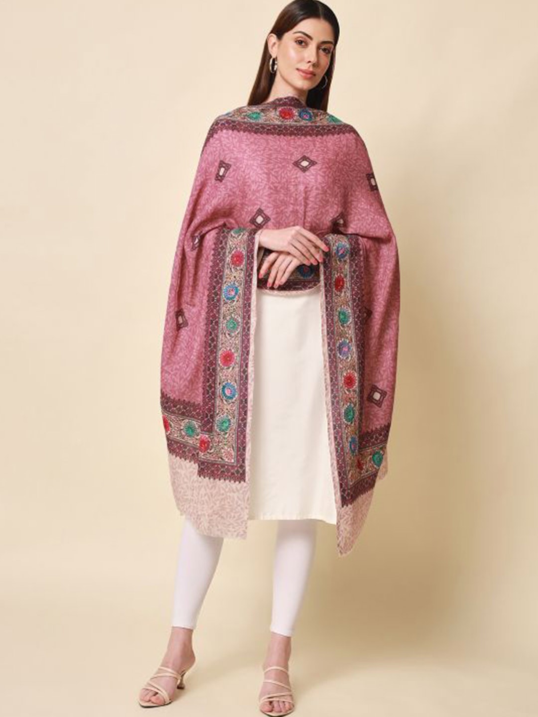 

Pashmoda Kalamkari Embroidered Pure Wool Shawl, Mauve