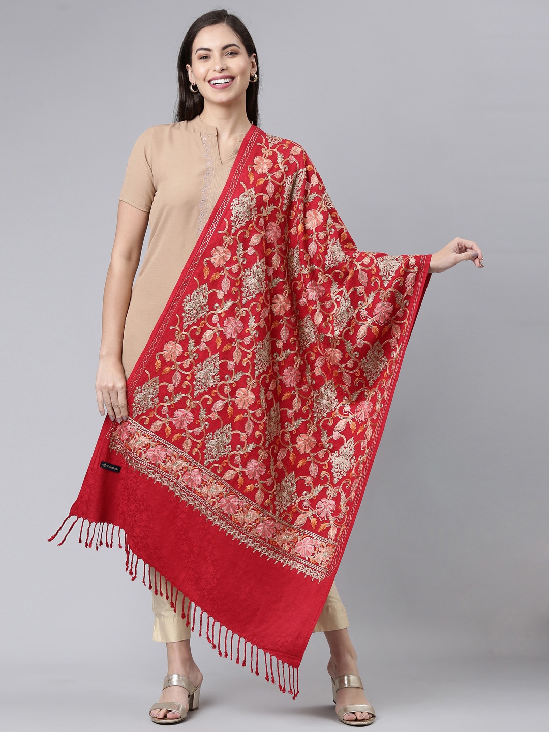 

Pashmoda Floral Aari Embroidered Stole, Red