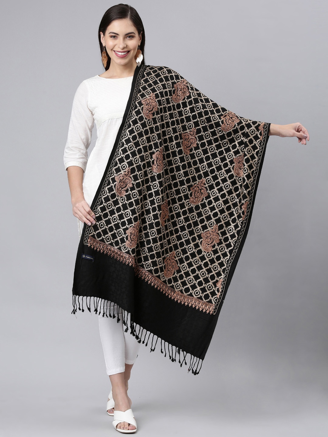 

Pashmoda Ethnic Motifs Embroidered Stole, Black