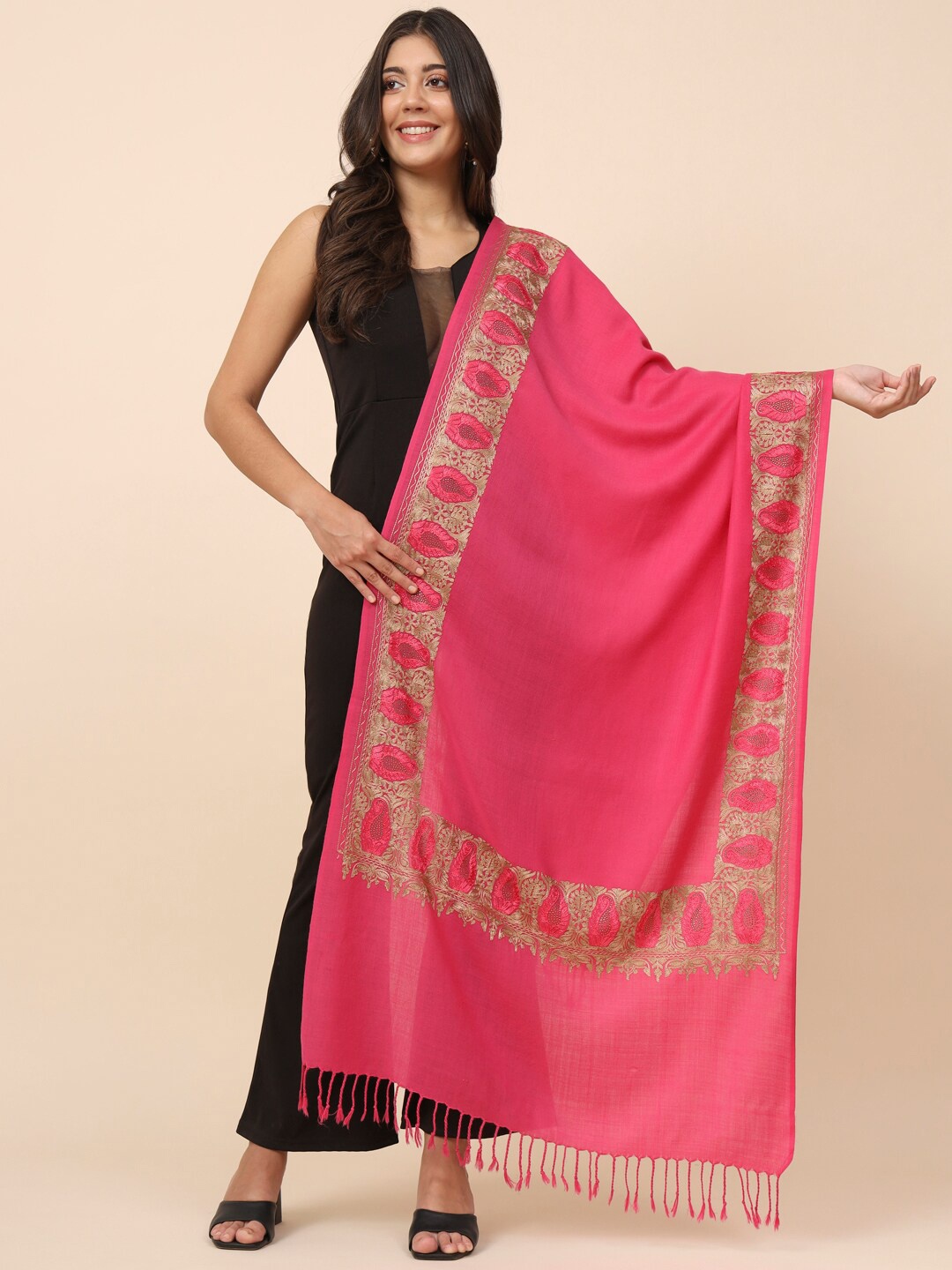 

Pashmoda Ethnic Motifs Embroidered Stole, Pink