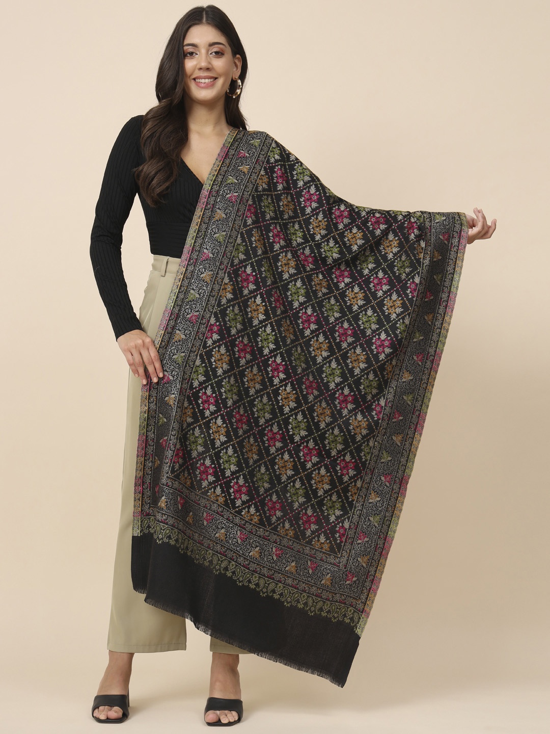 

Pashmoda Woven Design Kaani Woolen Stole, Black