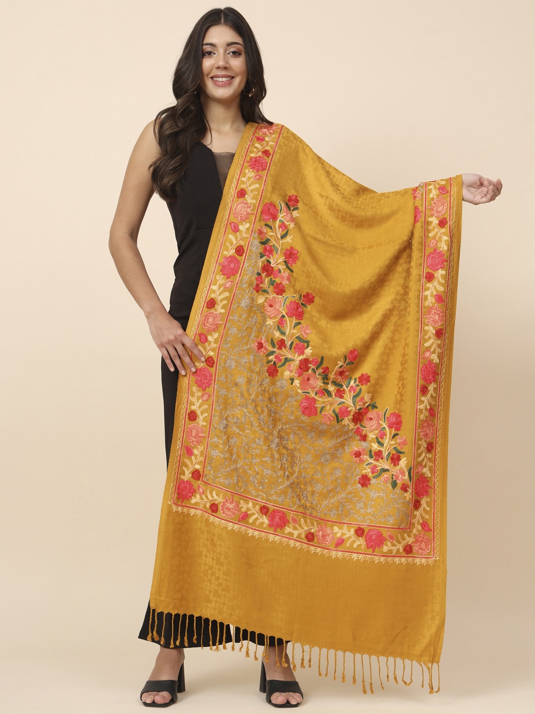 

Pashmoda Floral Embroidered Stole, Mustard