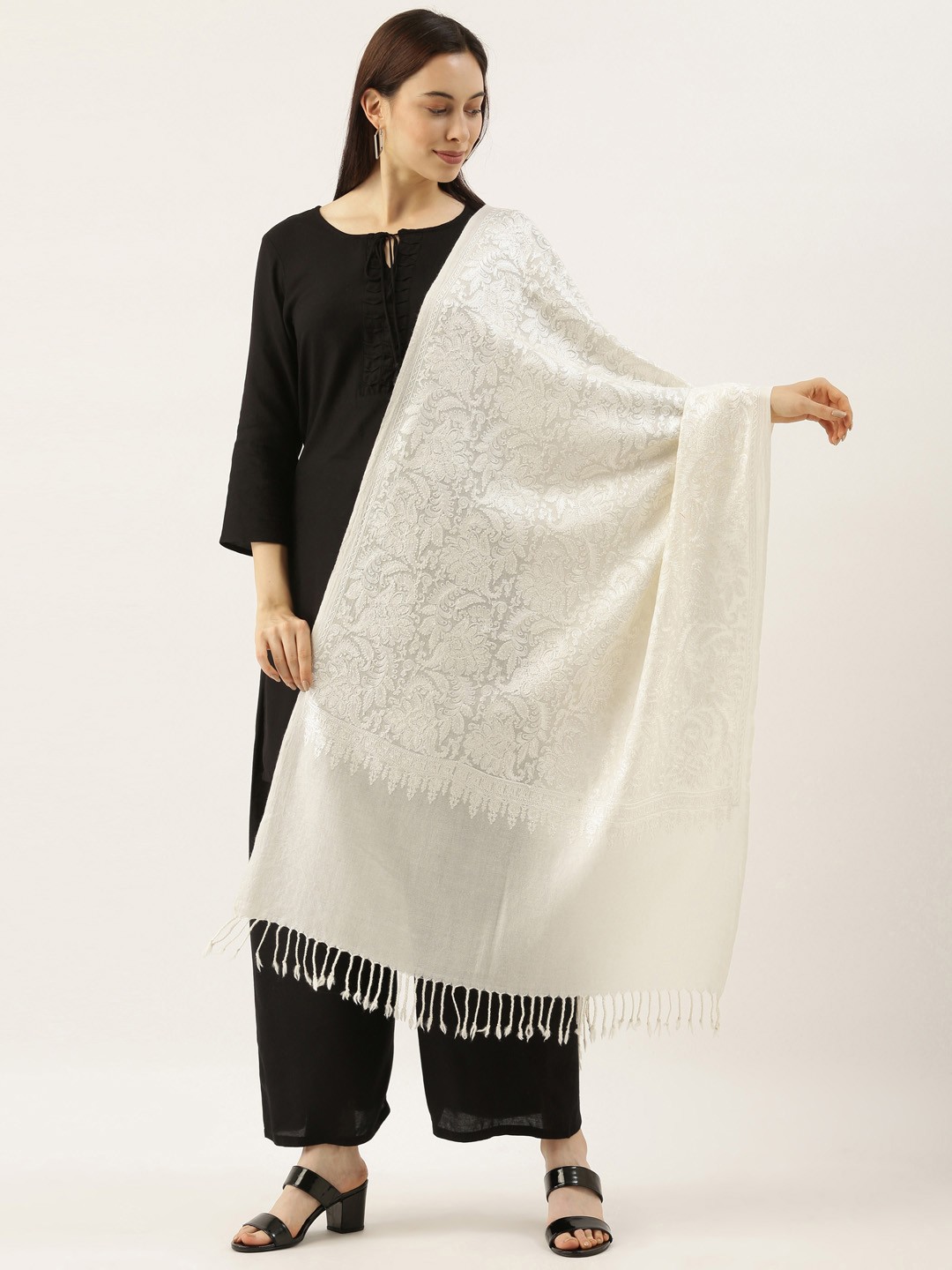 

Pashmoda Embroidered Pure Wool Stole, White