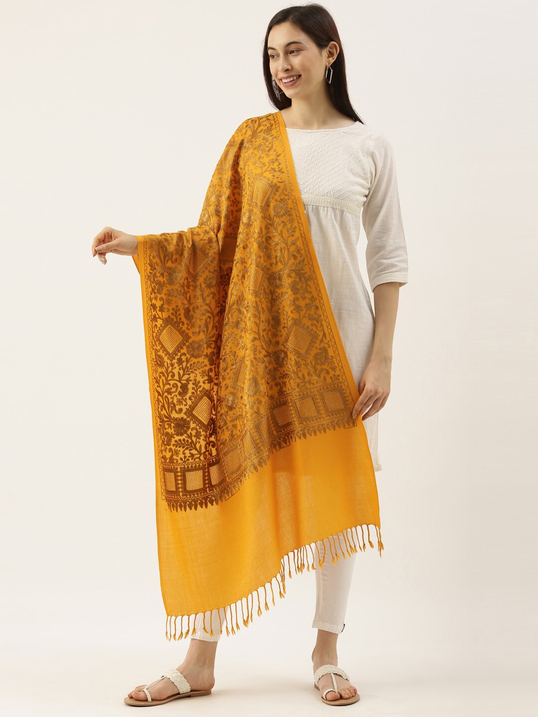 

Pashmoda Women Ethnic Motifs Embroidered Pure Woollen Stole, Yellow