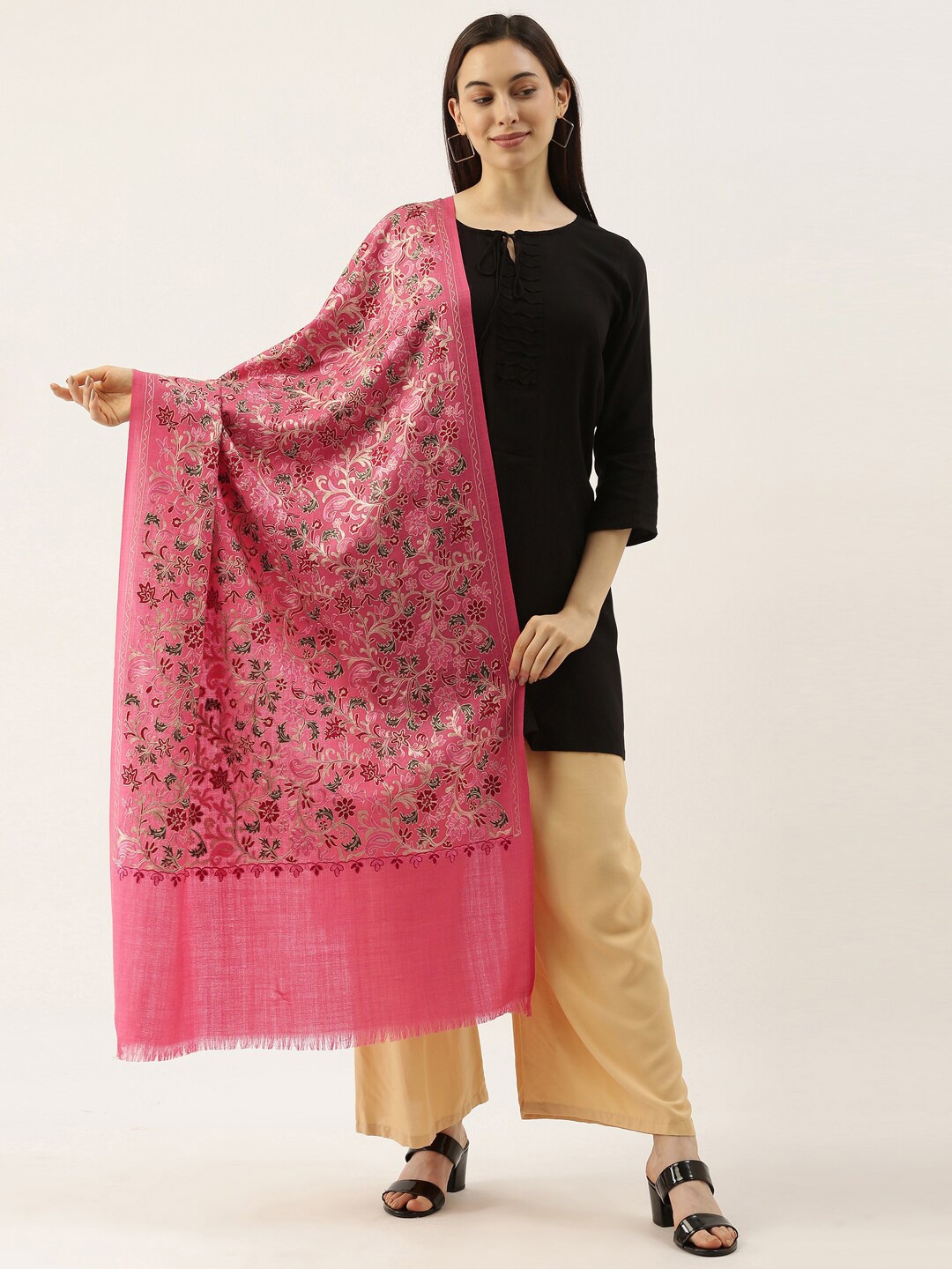 

Pashmoda Floral Embroidered Woolen Shawl, Pink