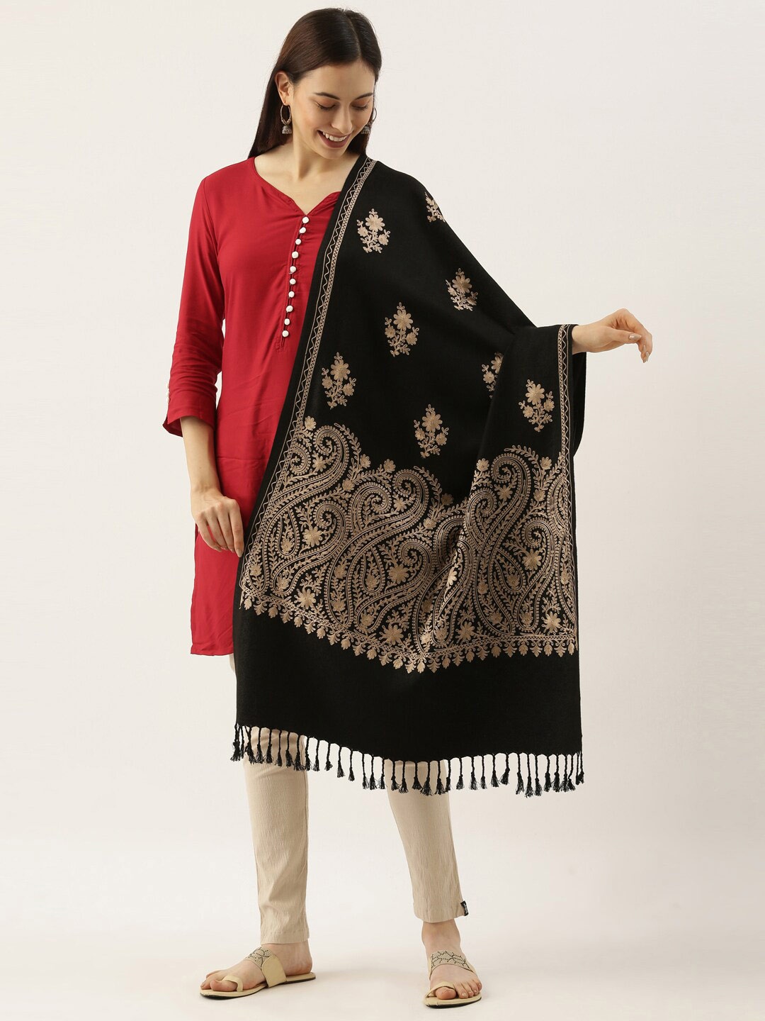 

Pashmoda Ethnic Motifs Embroidered Shawl, Black