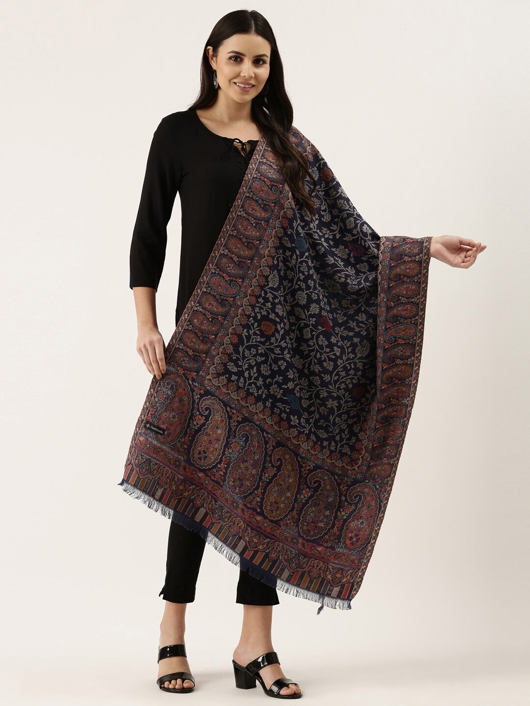 

Pashmoda Ethnic Motifs Woven Design Shawl, Navy blue