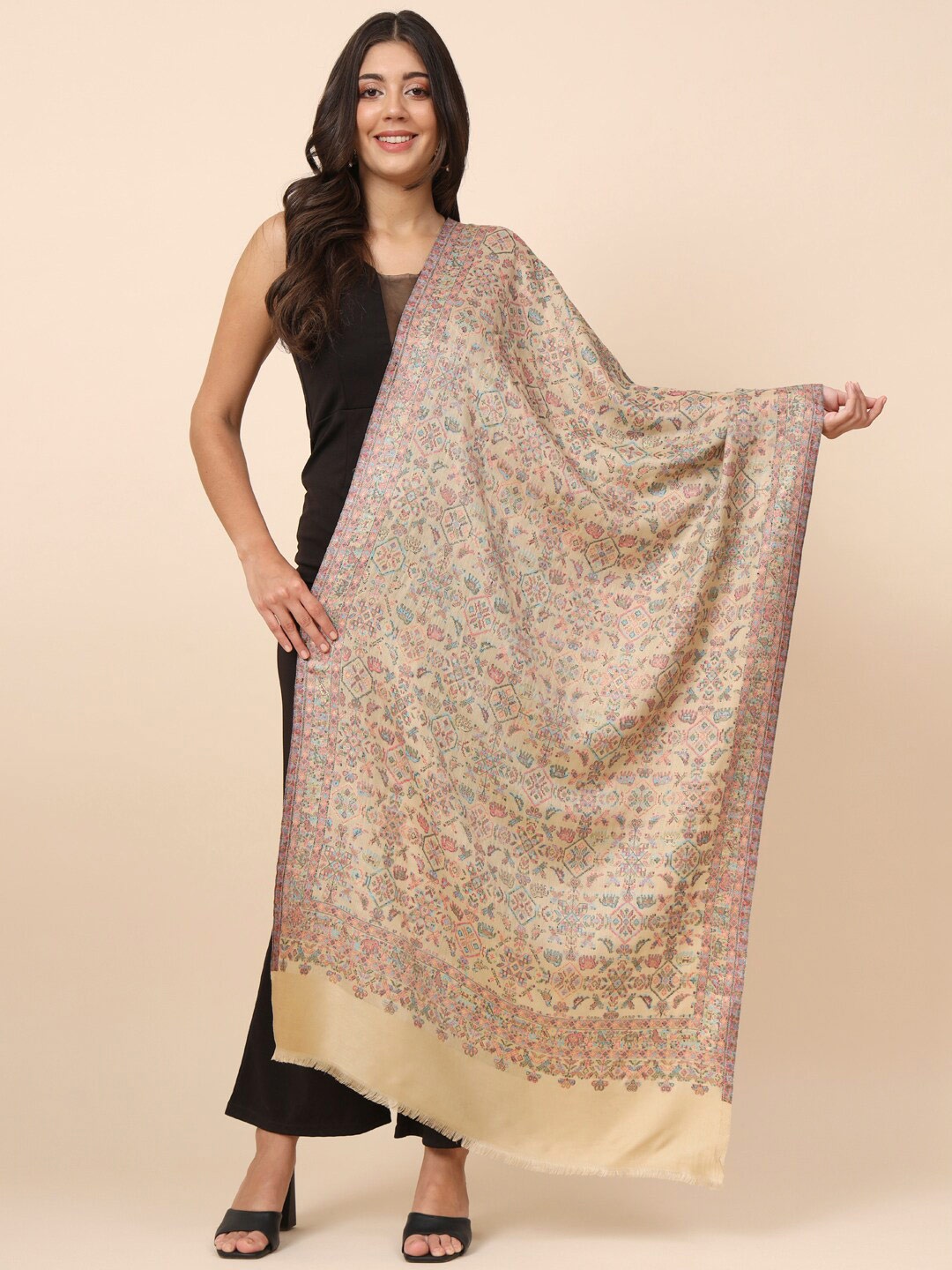 

Pashmoda Ethnic Motifs Woven Design Zari Stole, Beige