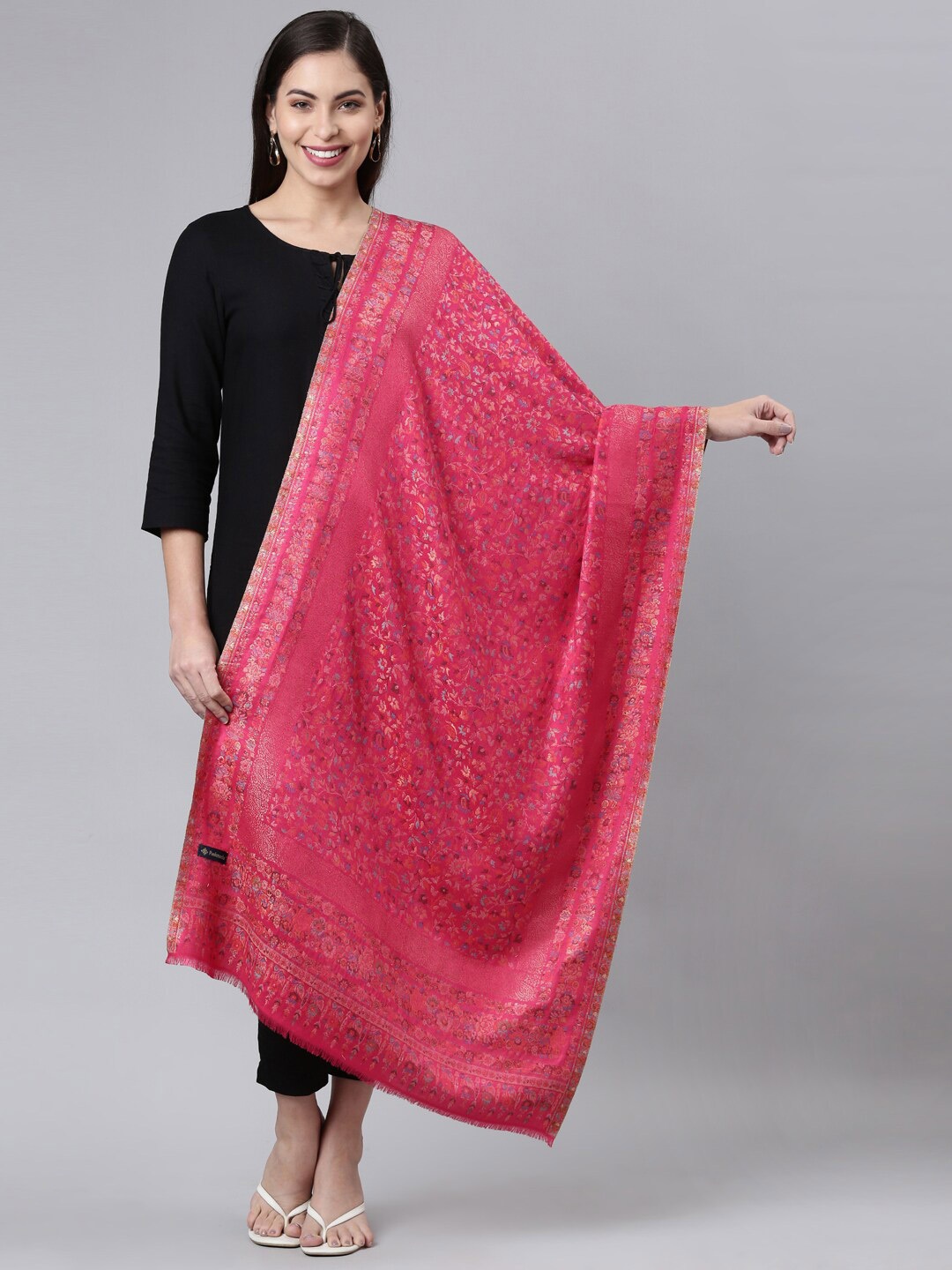 

Pashmoda Floral Woven Design Woollen Shawl, Pink