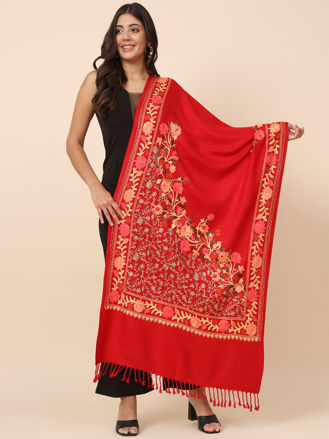 

Pashmoda Floral Aari Embroidered Stole, Maroon