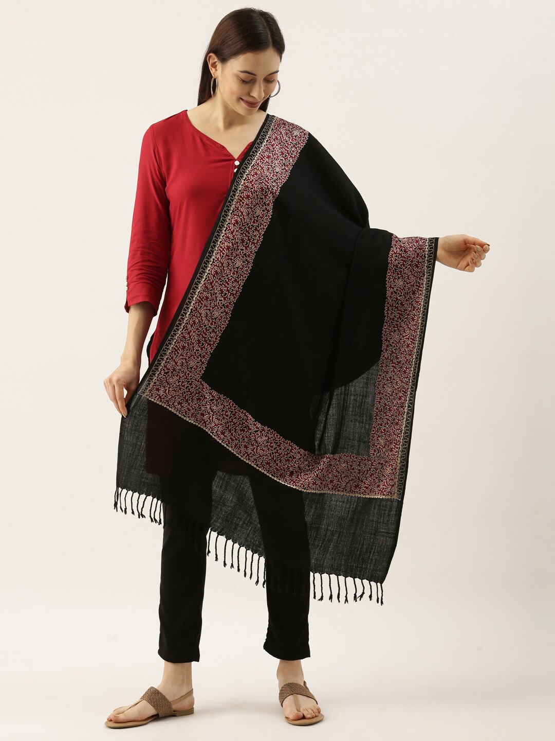 

Pashmoda Nalki Embroidered Pure Woolen Shawl, Black