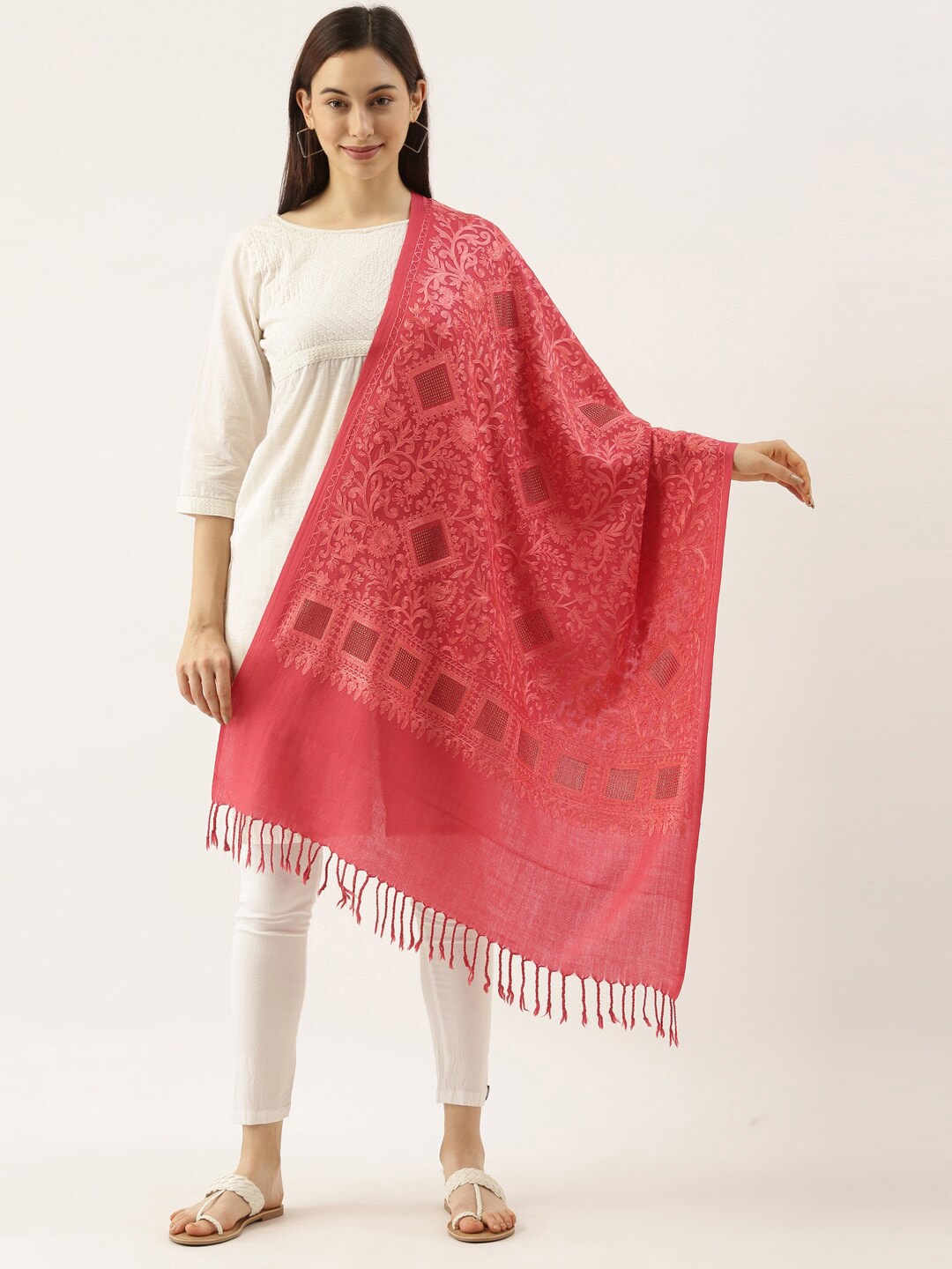 

Pashmoda Ethnic Motifs Embroidered Woollen Stole, Pink