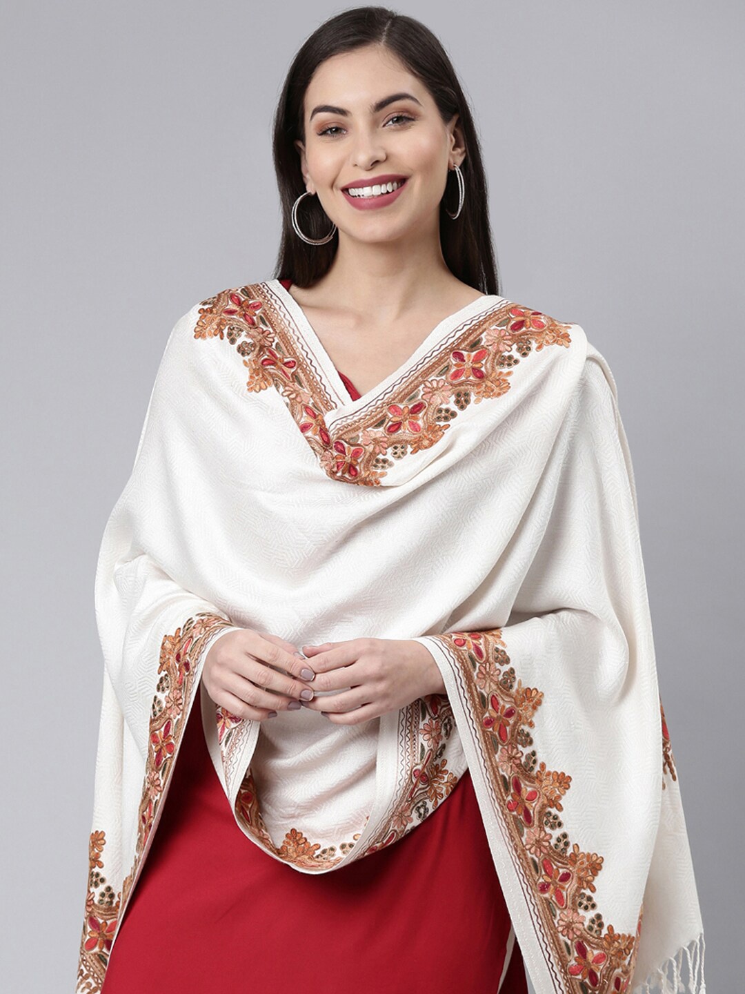 

Pashmoda Women Floral Embroidered Stole, White