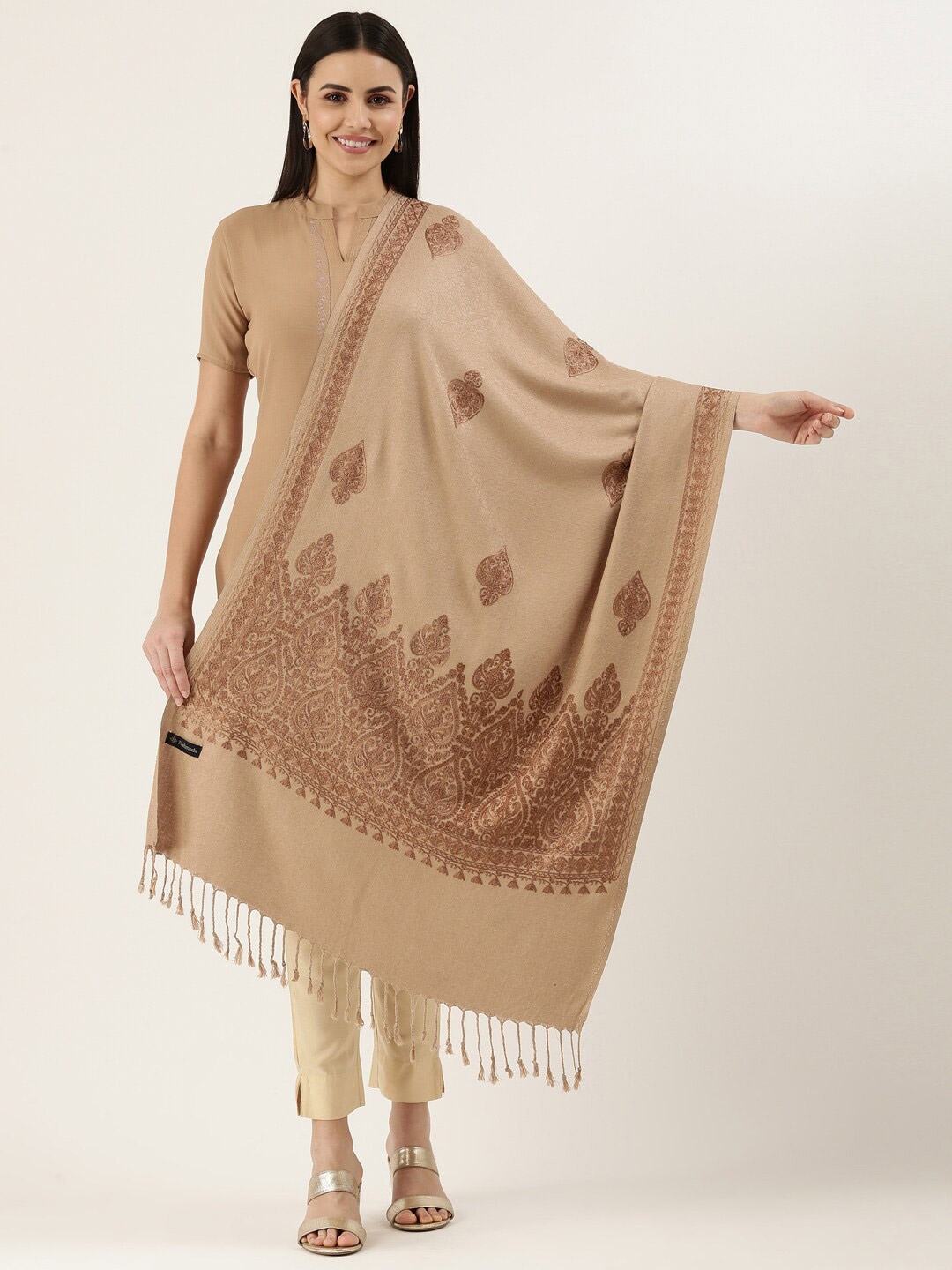 

Pashmoda Ethnic Motifs Embroidered Stole, Beige