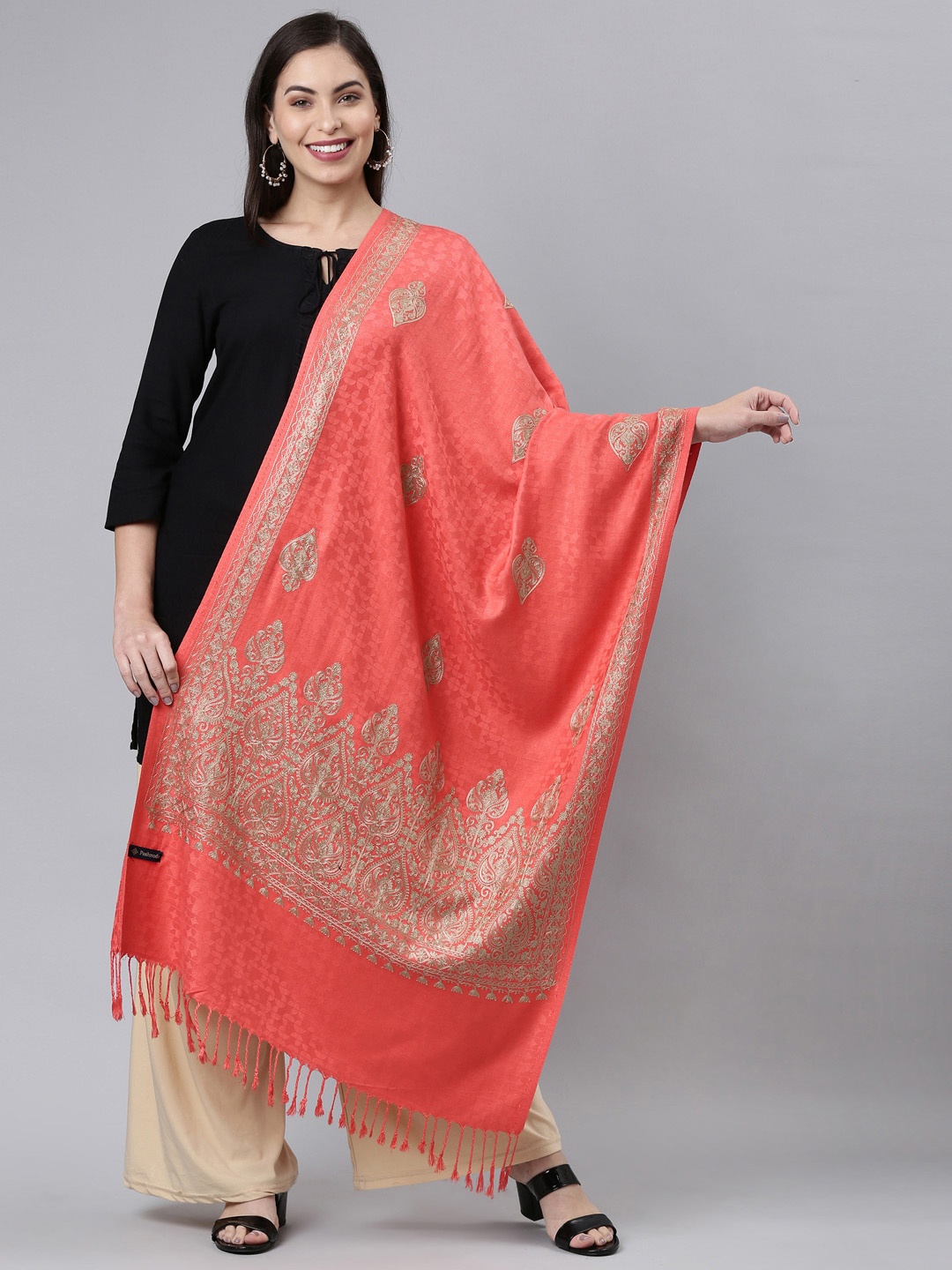 

Pashmoda Ethnic Motifs Aari Embroidered Stole, Pink