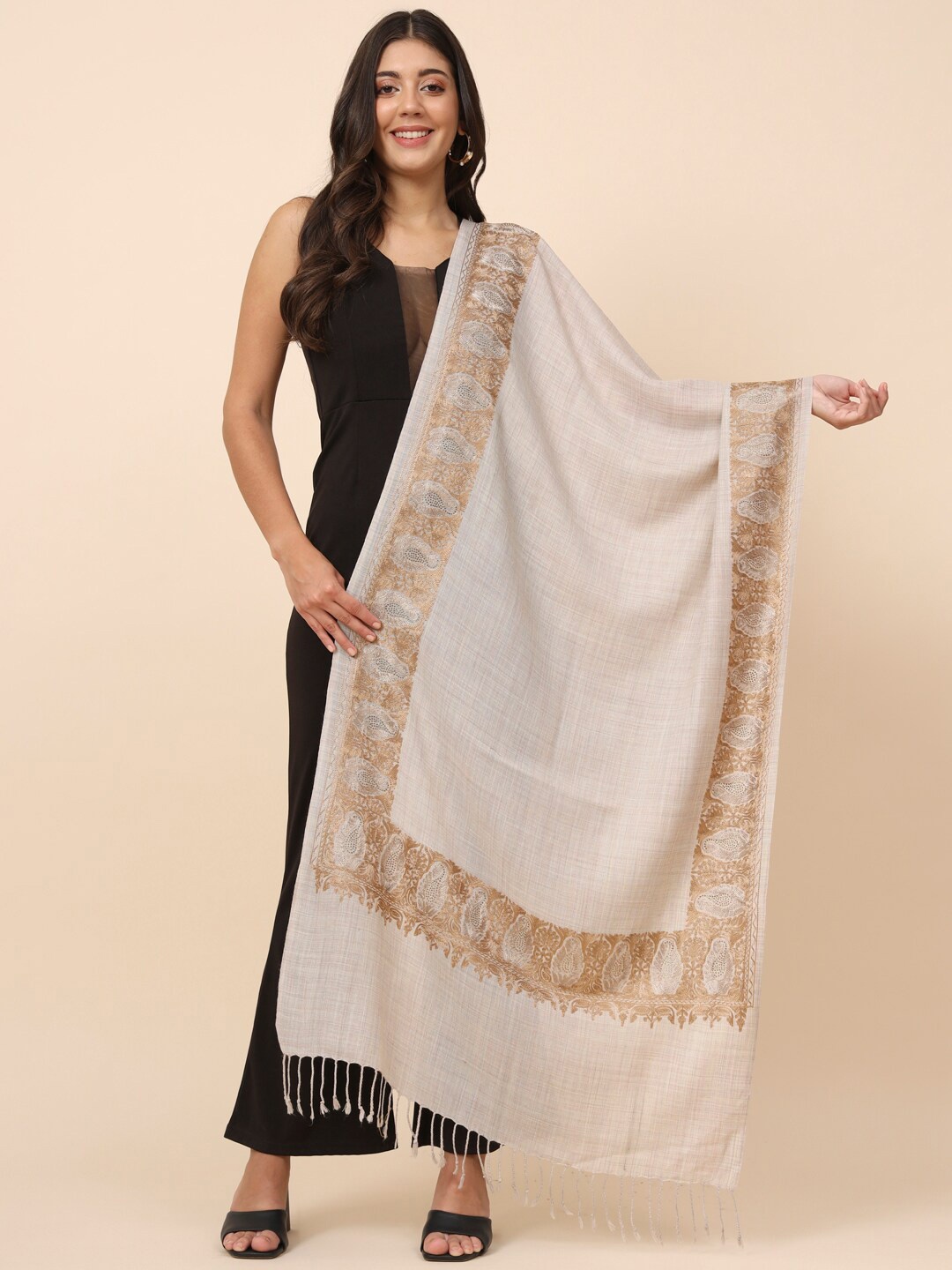 

Pashmoda Floral Embroidered Shawl, Beige