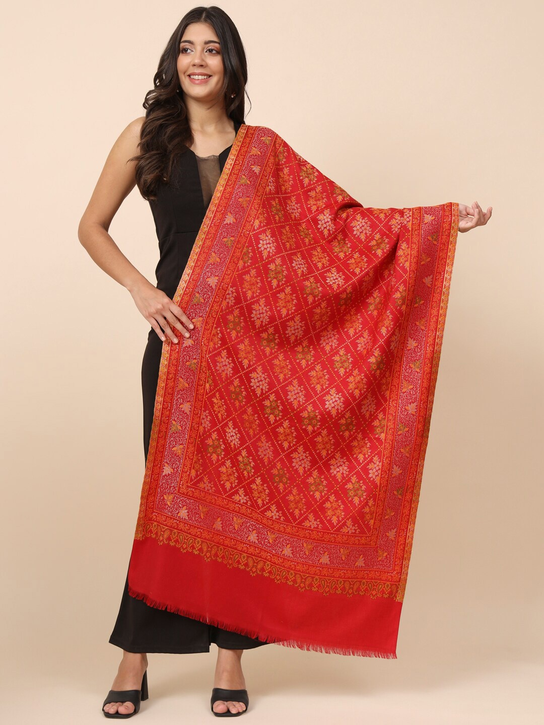 

Pashmoda Kaani Ethnic Motifs Woven Design Woolen Stole, Maroon