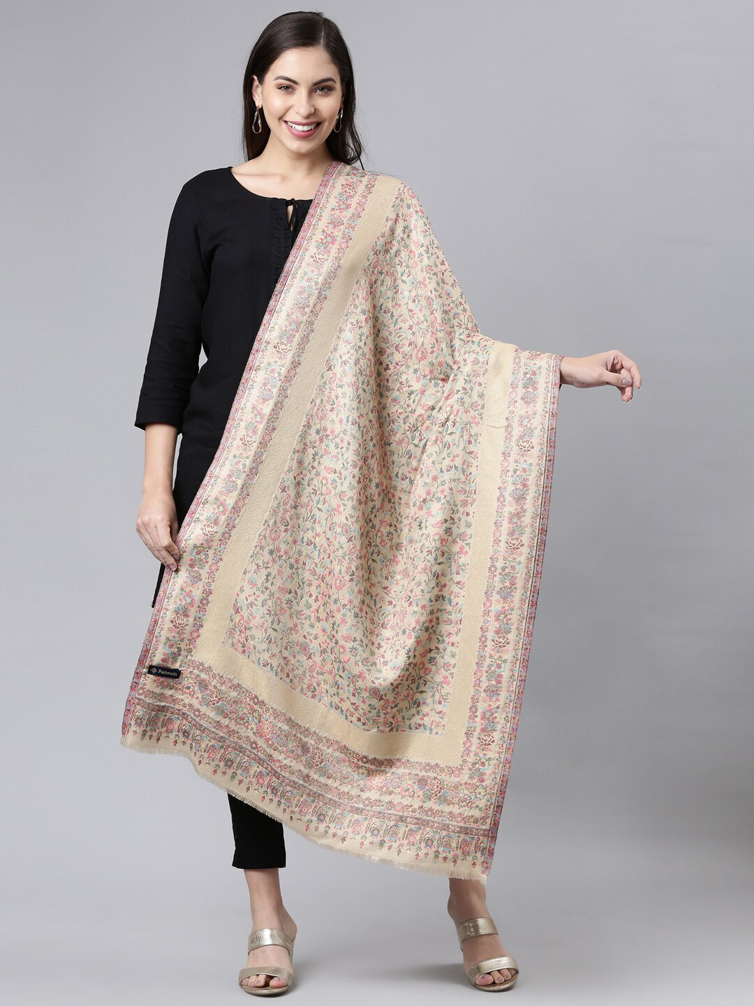 

Pashmoda Women Floral Woven Design Stole, Beige