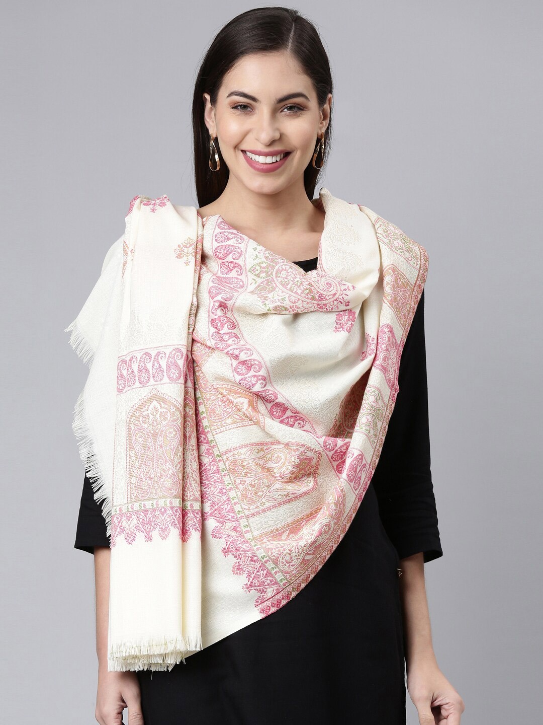 

Pashmoda Women Ethnic Motifs Woven Design Stole, White