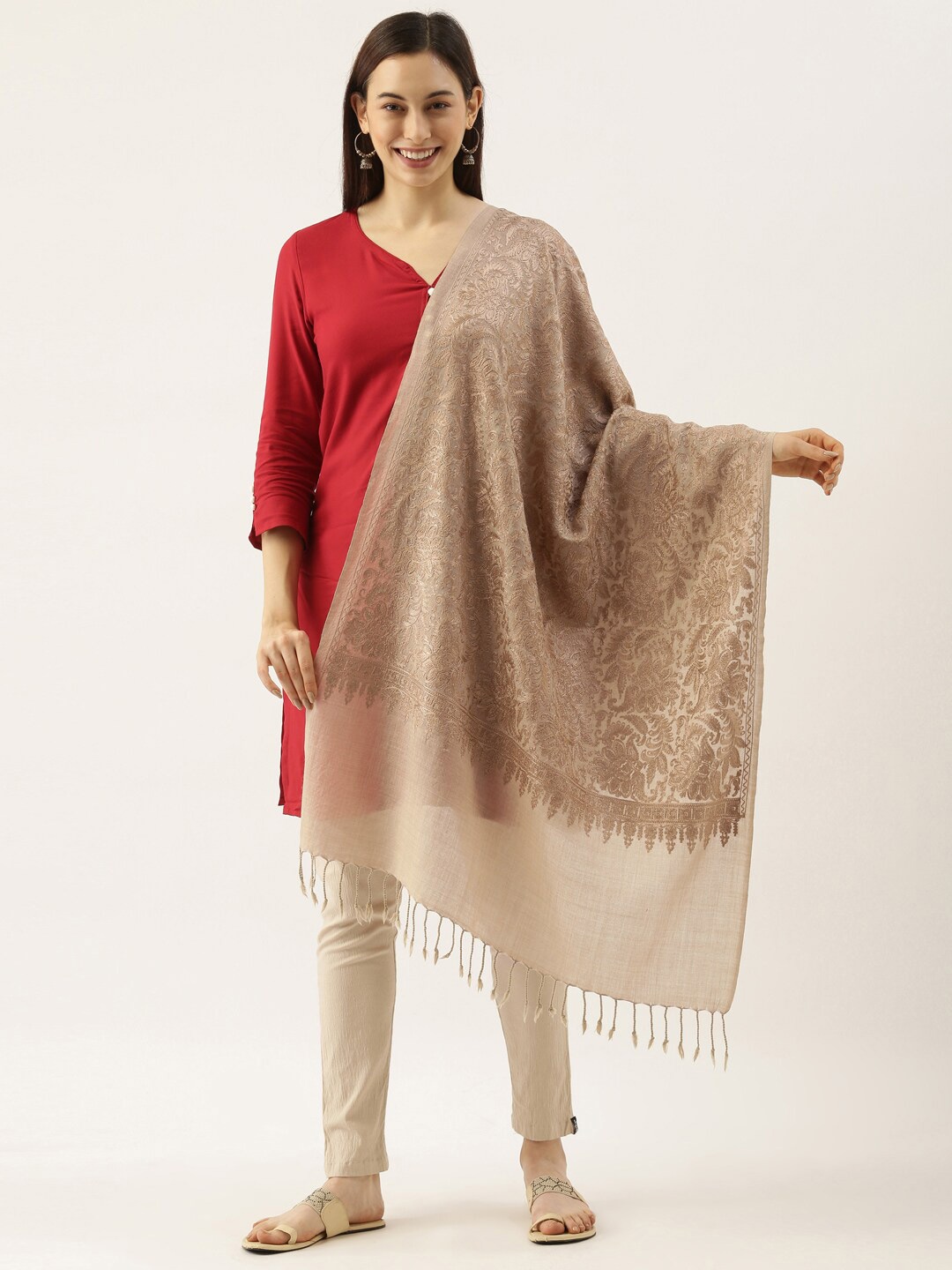 

Pashmoda Ethnic Motifs Embroidered Wool Stole, Beige