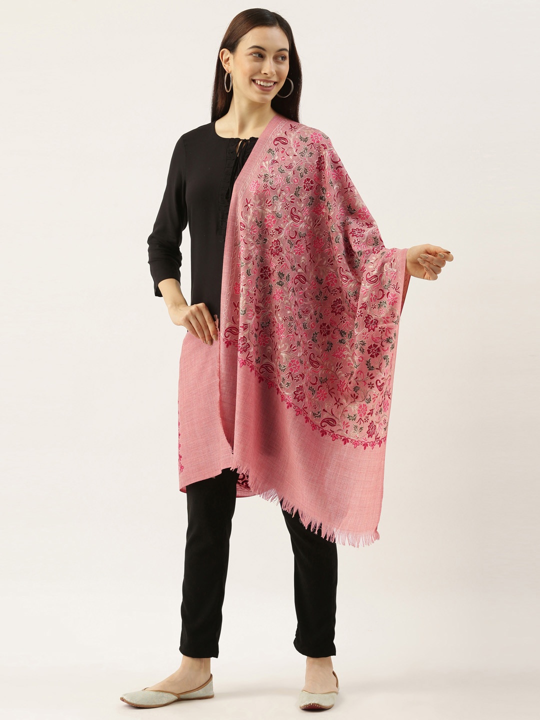 

Pashmoda Nalki Embroidered Pure Wool Stole, Pink