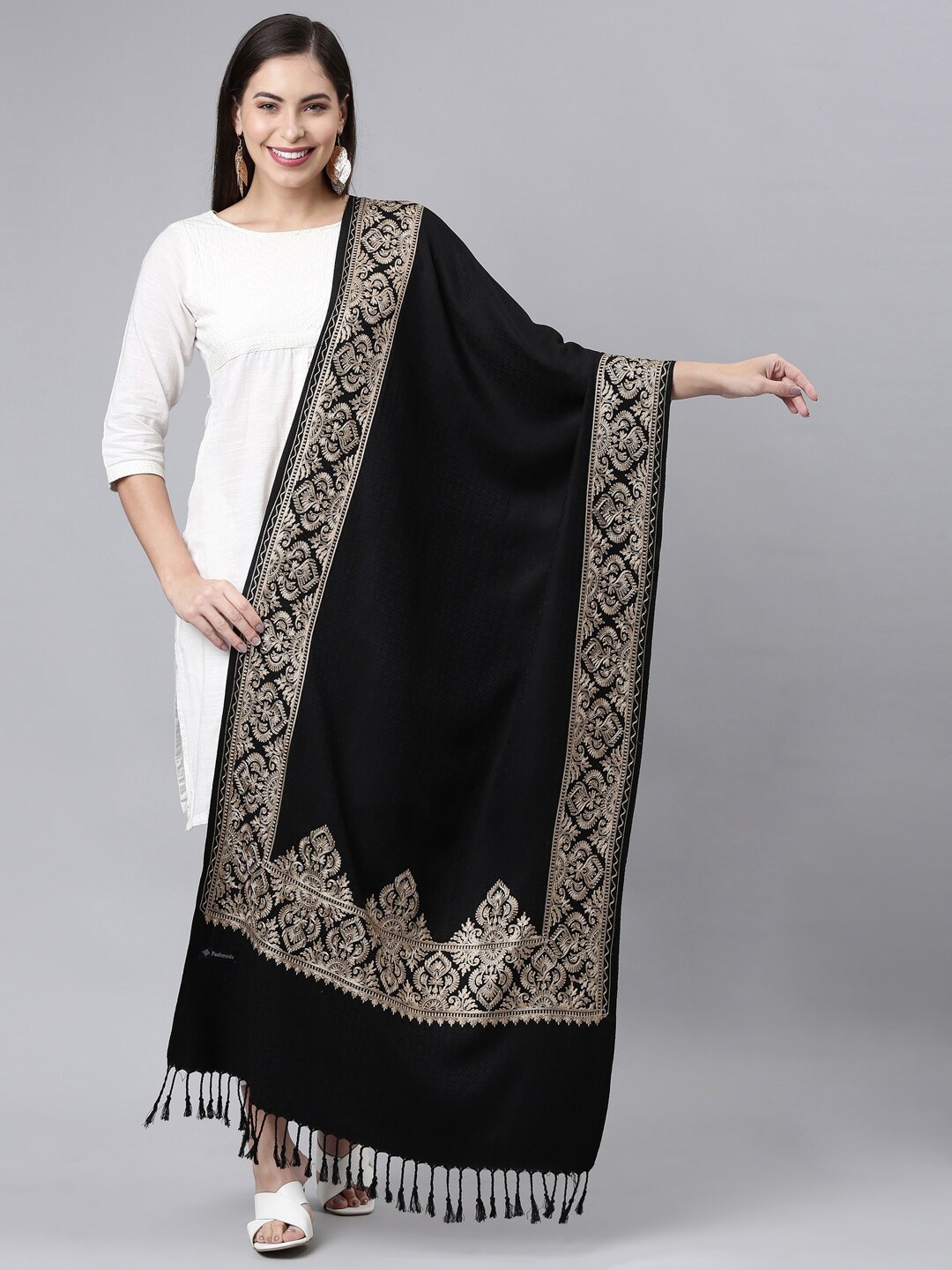 

Pashmoda Ethnic Motifs Embroidered Stole, Black