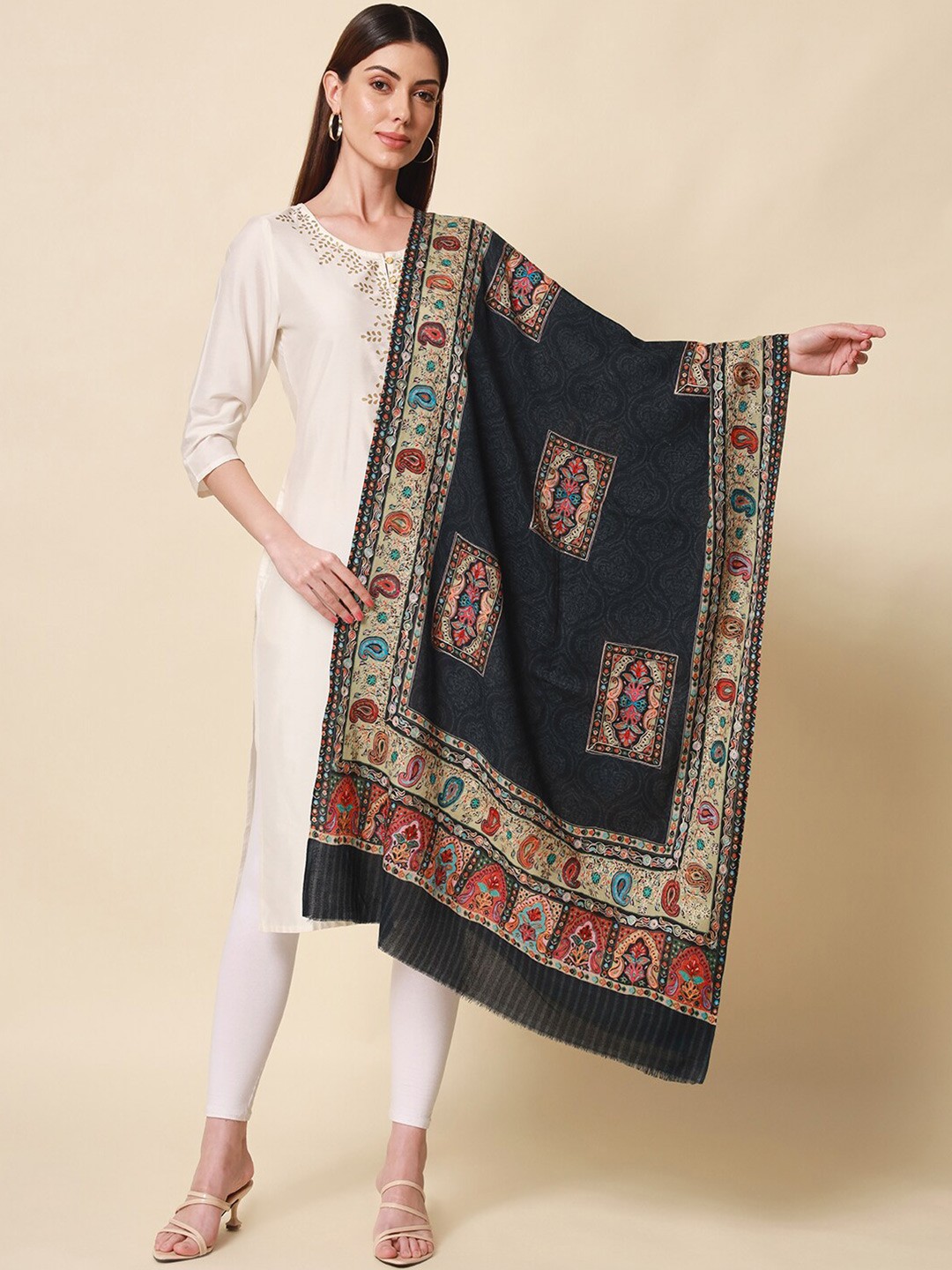 

Pashmoda Ethnic Motifs Embroidered Wool Stole, Black