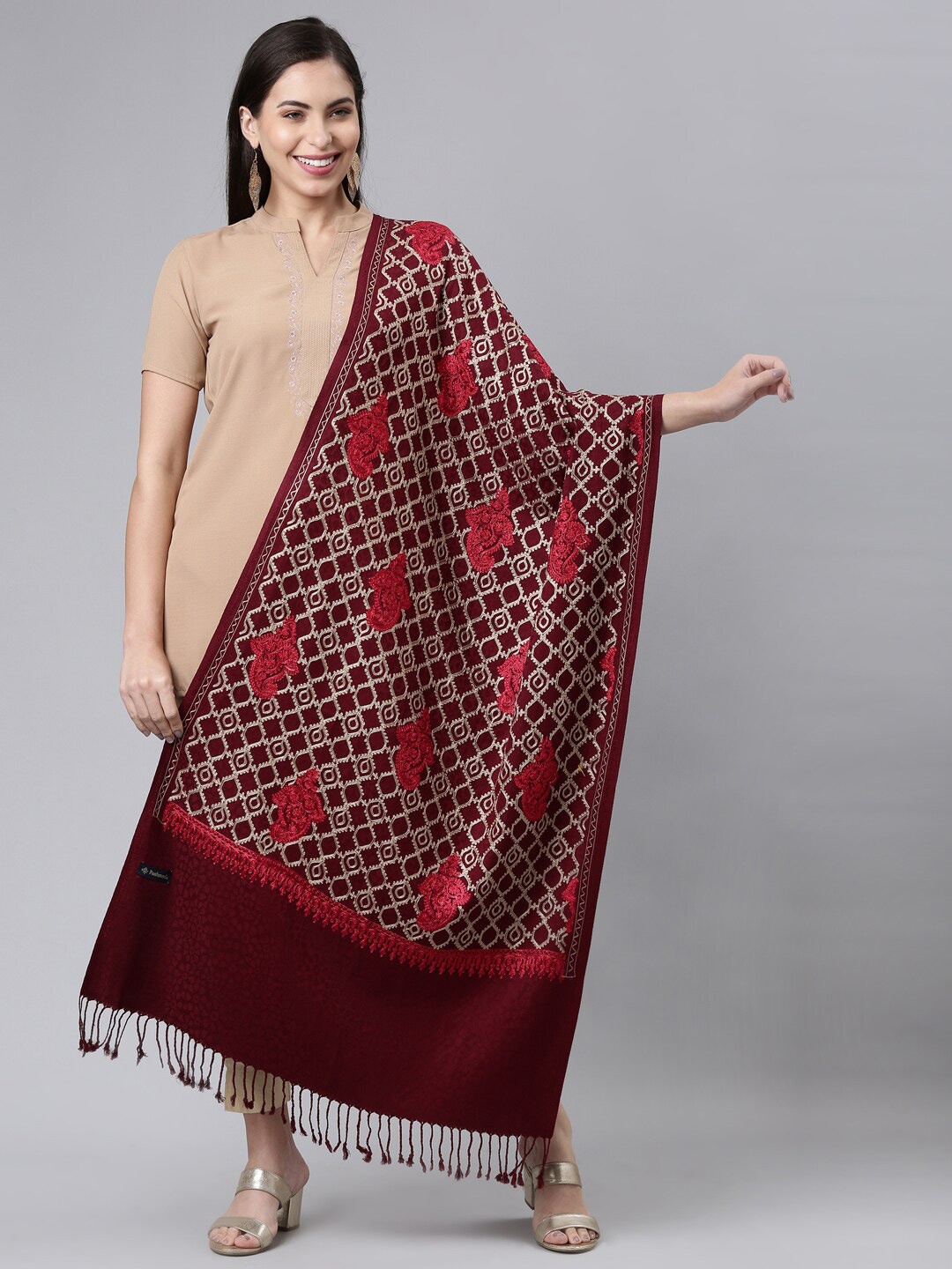 

Pashmoda Ethnic Motifs Embroidered Stole, Purple