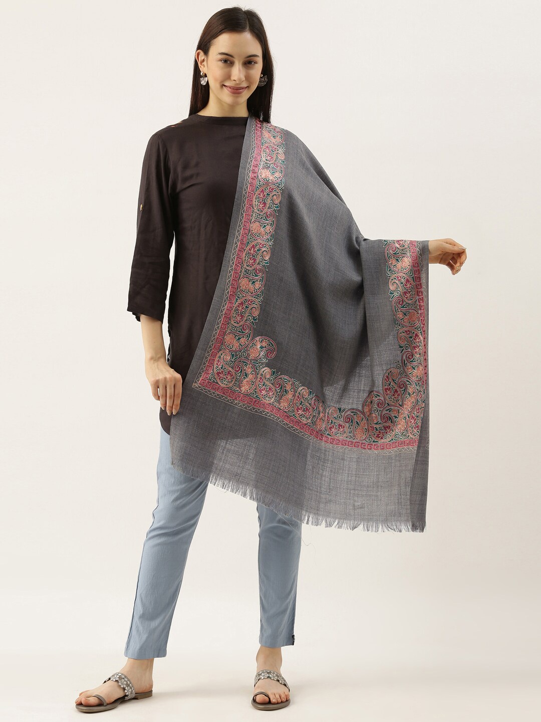 

Pashmoda Nalki Embroidered Pure Wool Shawl, Grey