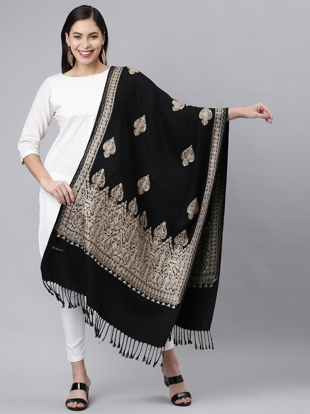 

Pashmoda Ethnic Motifs Embroidered Stole, Black