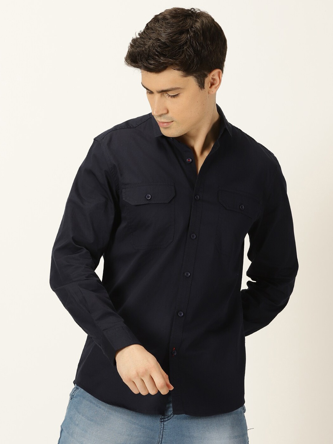 

Mast & Harbour Navy Blue Classic Slim Fit Spread Collar Pure Cotton Casual Shirt