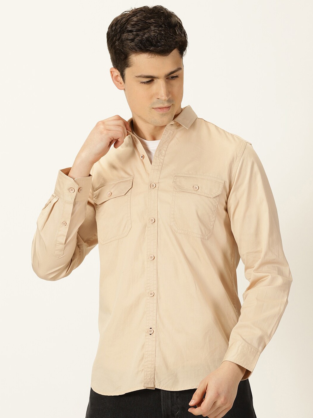 

Mast & Harbour Beige Classic Slim Fit Spread Collar Twill Weave Pure Cotton Casual Shirt