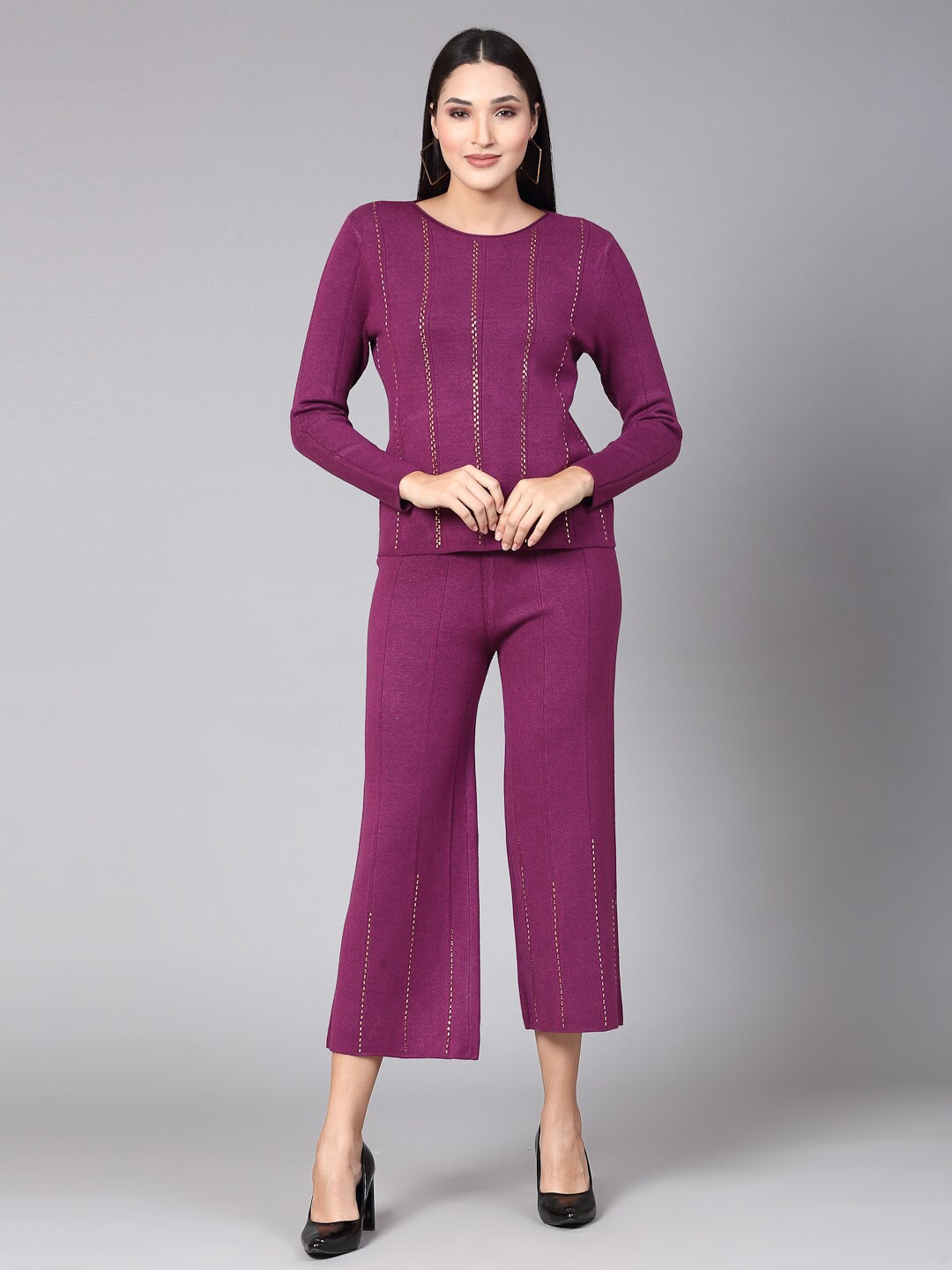 

Mafadeny Embellished Round Neck Top with Palazzos, Purple