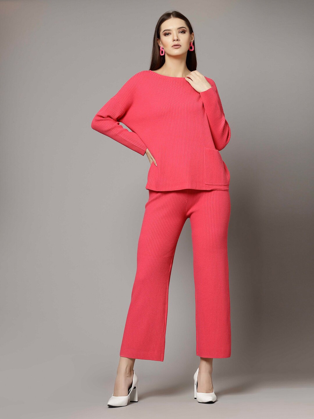 

Mafadeny Ribbed Stylish Sweatshirt With Trousers, Pink