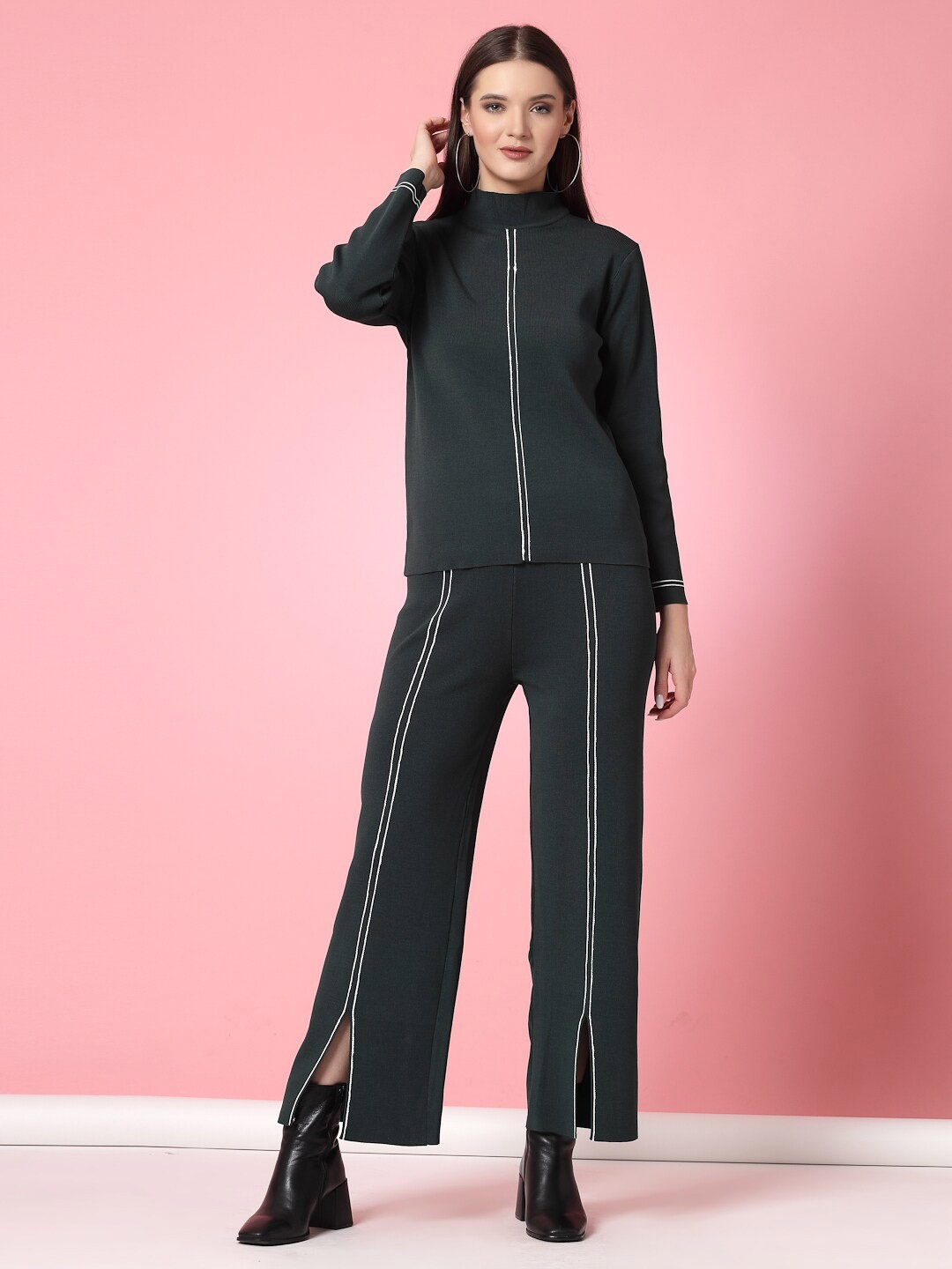 

Mafadeny Ribbed High Neck Sweatshirt & Trousers Co-ords Set, Green