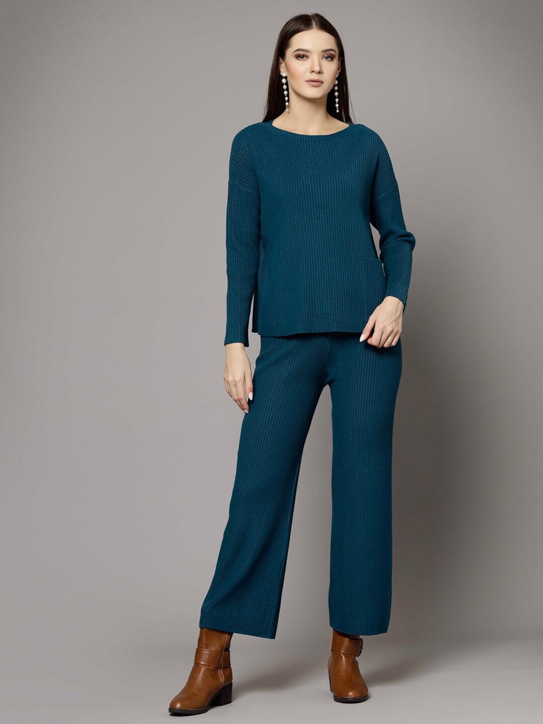 

Mafadeny Ribbed Boat Neck Top & Trousers Co-Ords Set, Teal