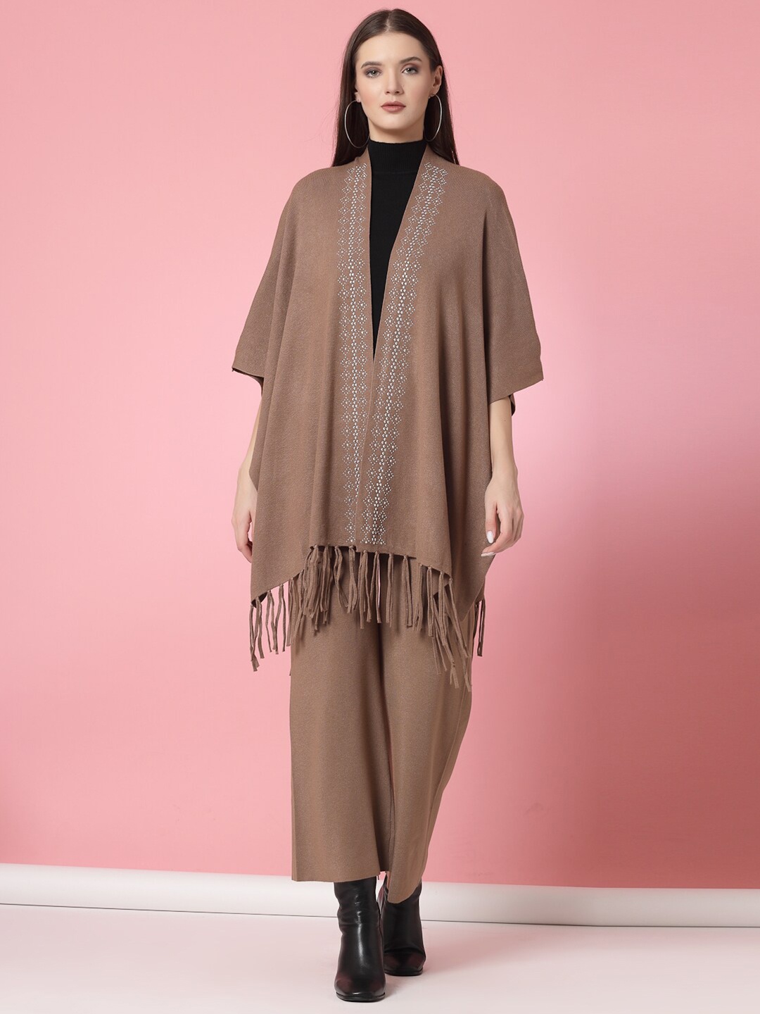 

Mafadeny High Neck Sleeveless Top With Trousers And Shrug, Brown