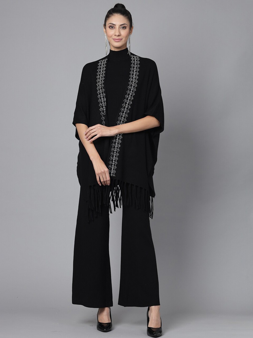 

Mafadeny High Neck Sleeveless Top With Trousers And Shrug, Black