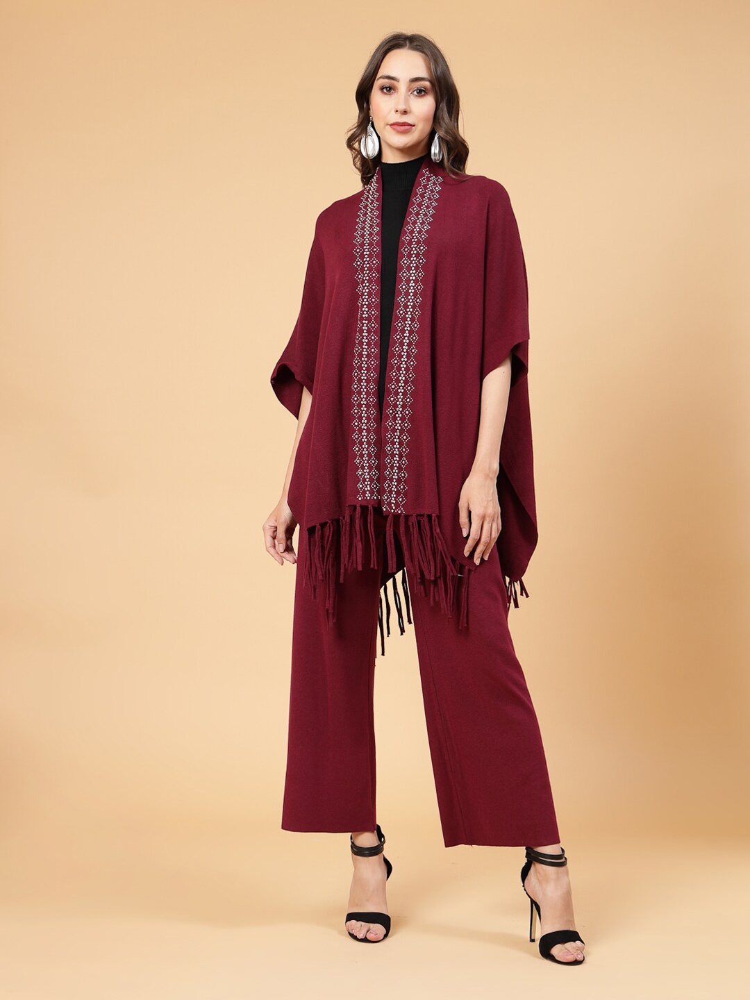 

Mafadeny High Neck Top with Palazzos & Shrug, Maroon