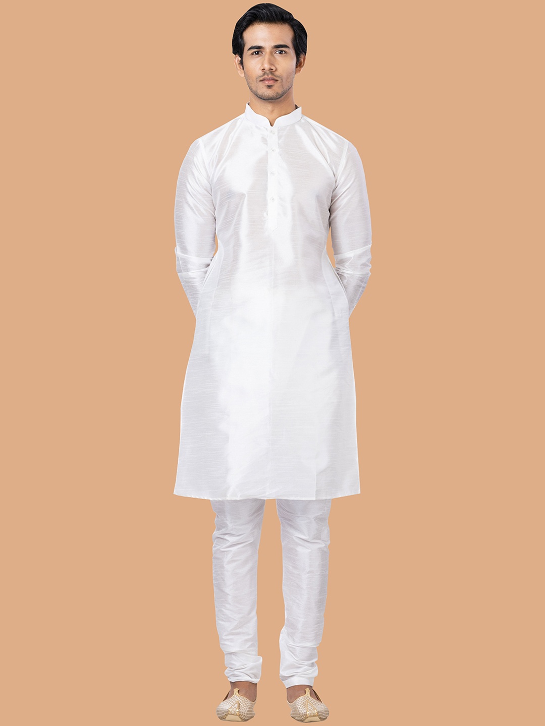 

ROOTED LIBAAS Woven Design Mandarin Collar Dupion Silk Kurta with Churidar, White