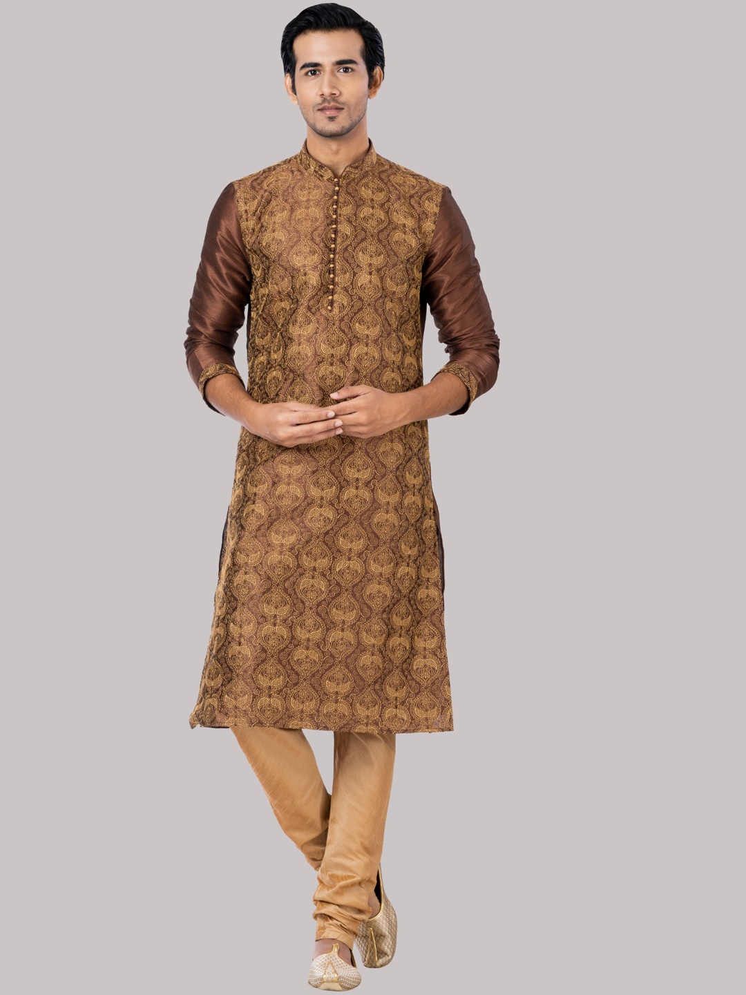 

ROOTED LIBAAS Men Copper-Toned Ethnic Motifs Printed Regular Dupion Silk Kurta with Pyjamas