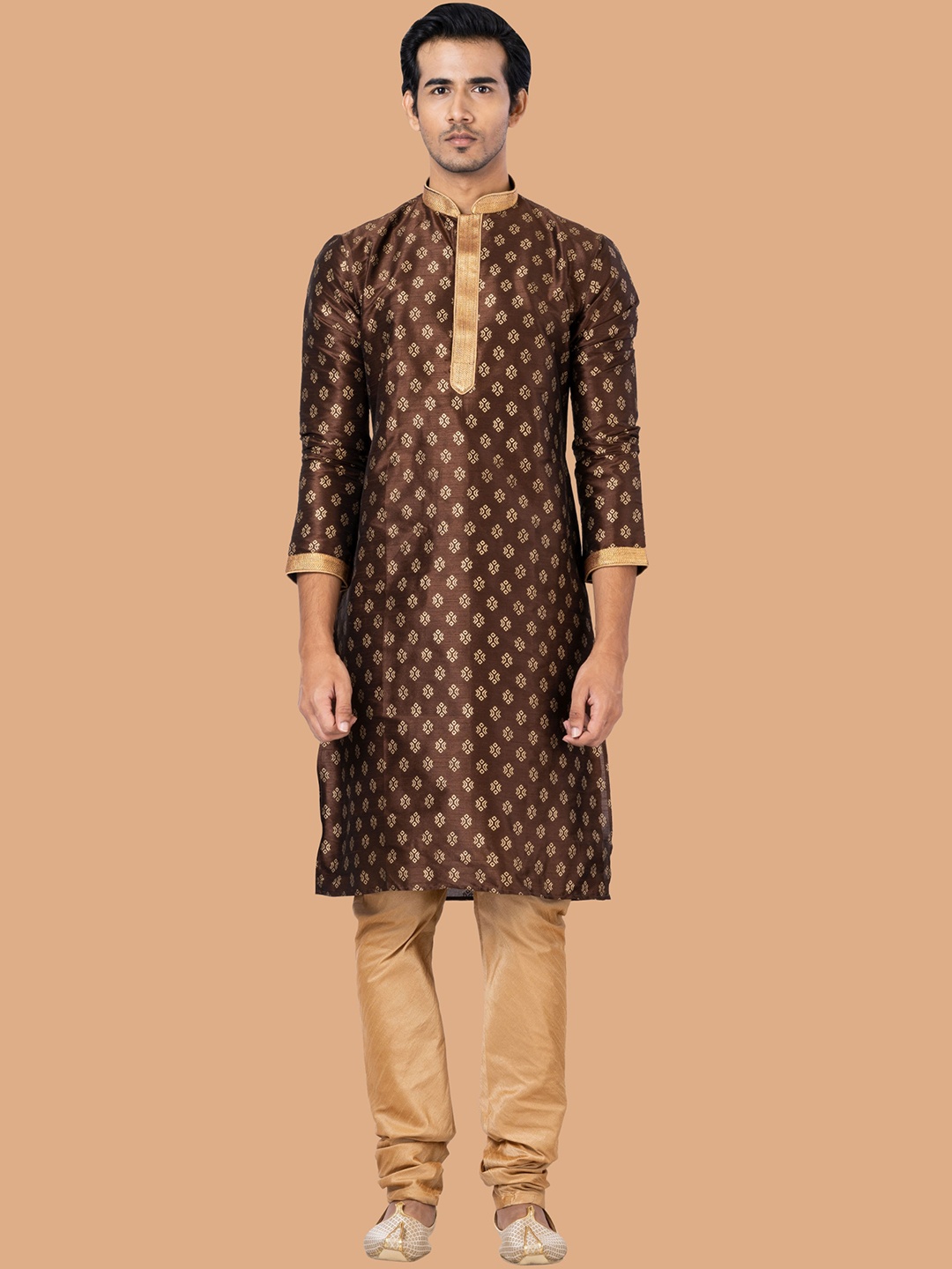 

ROOTED LIBAAS Men Coffee Brown Printed Regular Dupion Silk Kurta with Churidar