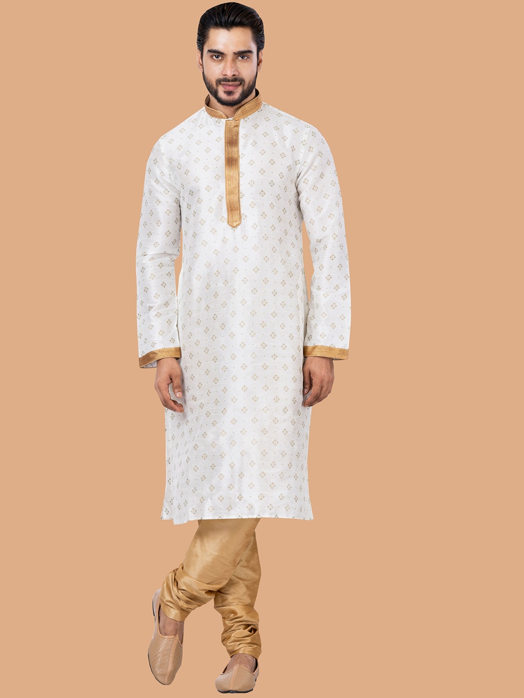 

ROOTED LIBAAS Men White Ethnic Motifs Printed Regular Dupion Silk Kurta with Pyjamas