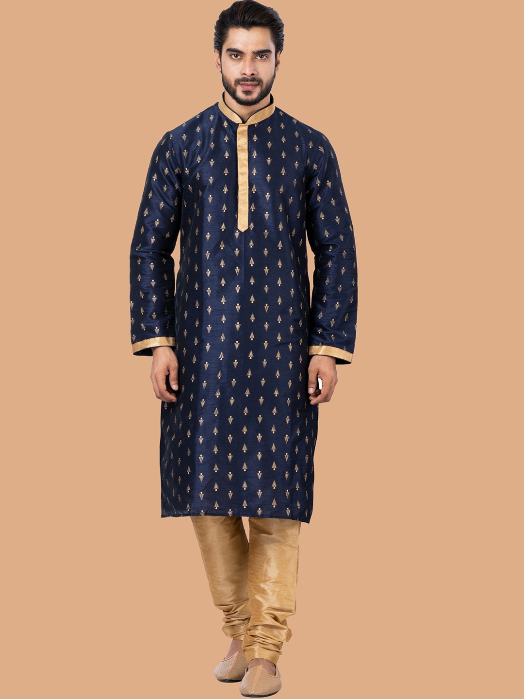 

ROOTED LIBAAS Men Navy Blue Regular Dupion Silk Kurta with Pyjamas