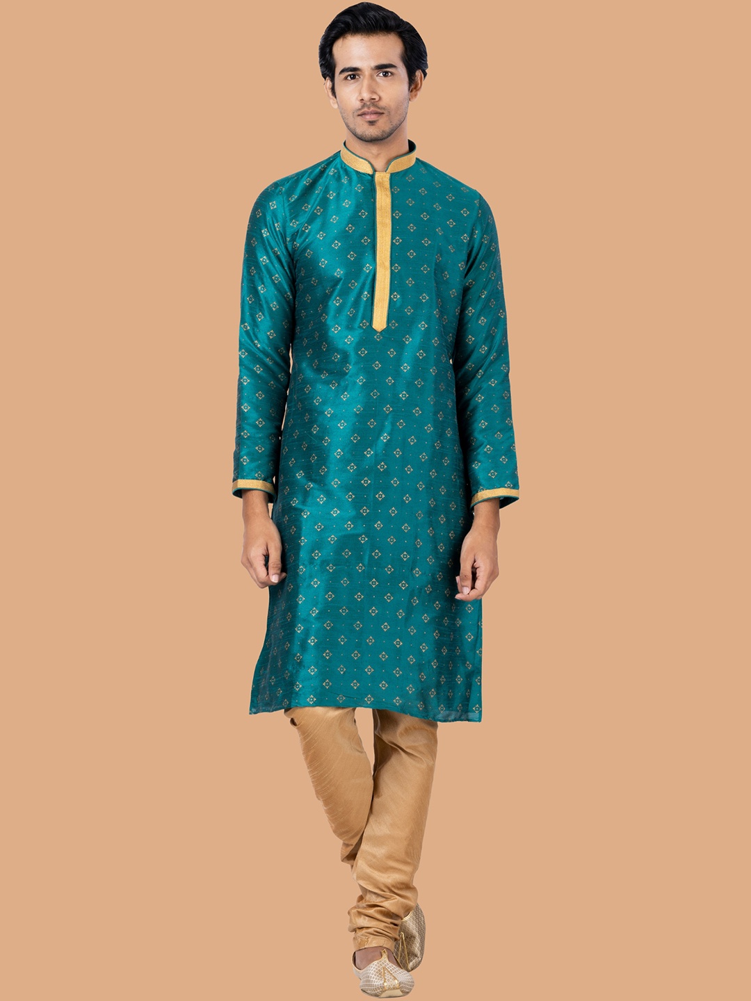 

ROOTED LIBAAS Men Green Ethnic Motifs Printed Regular Dupion Silk Kurta with Churidar