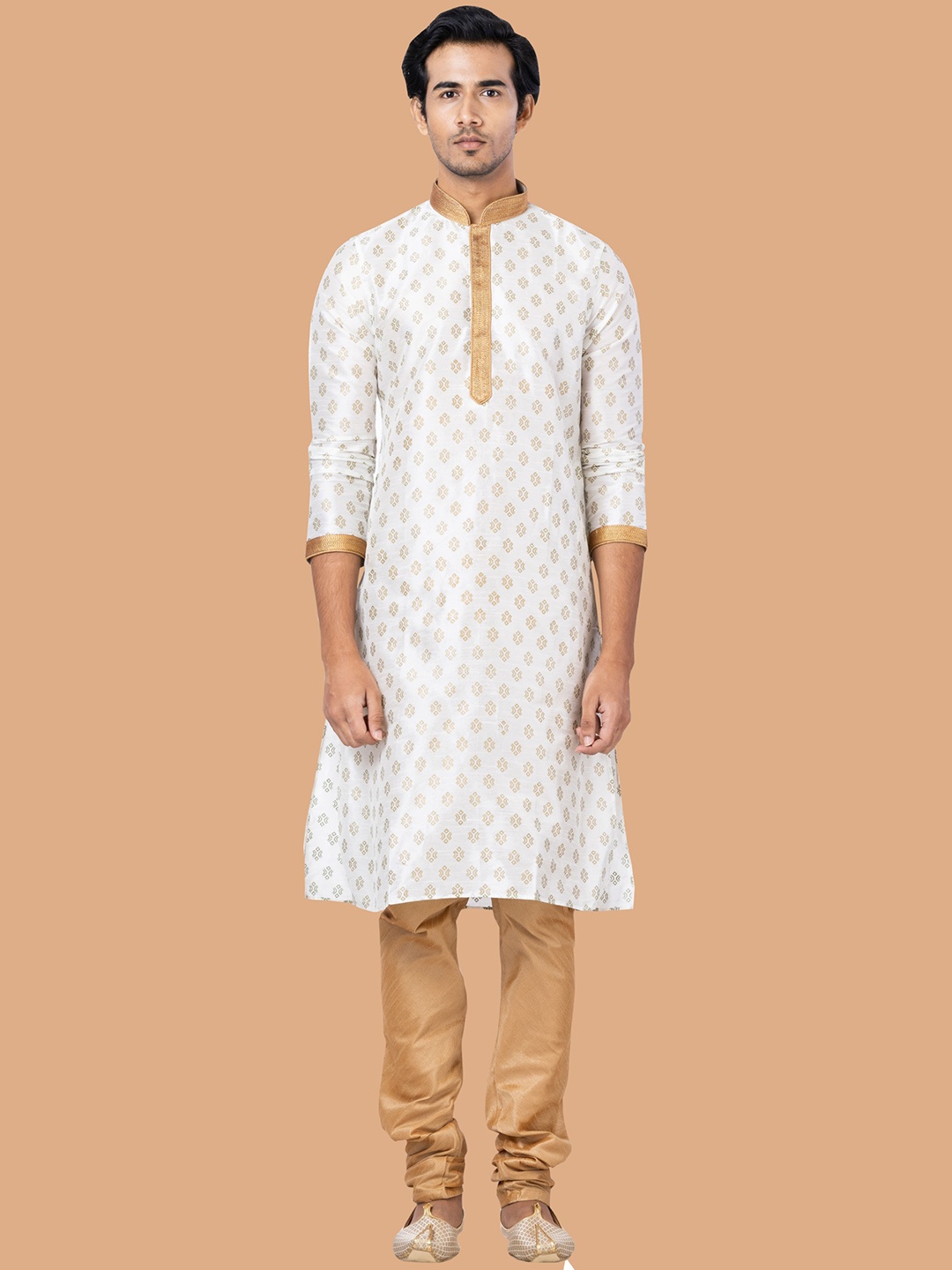 

ROOTED LIBAAS Men White Floral Printed Regular Dupion Silk Kurta with Pyjamas