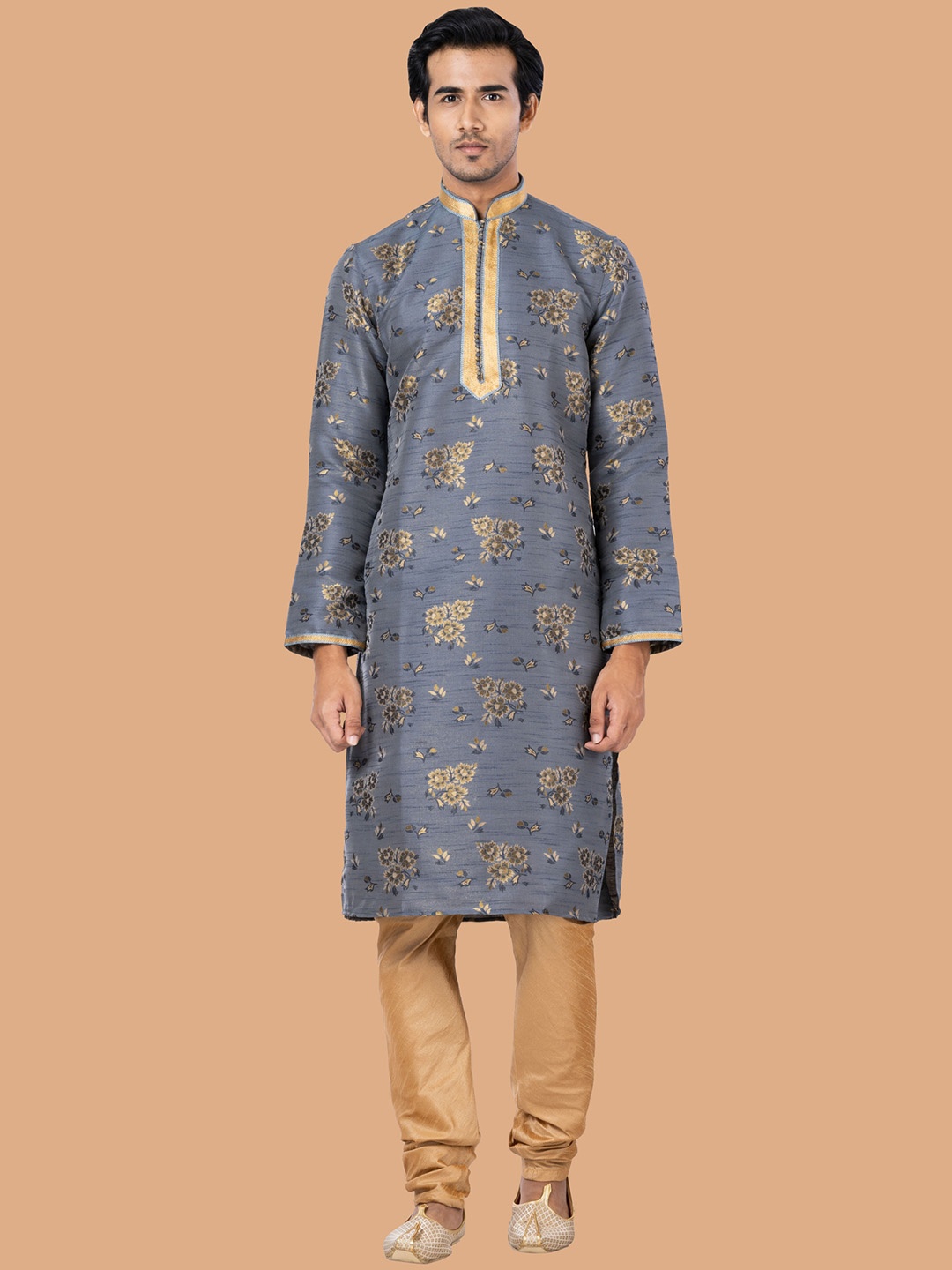 

ROOTED LIBAAS Men Grey Floral Printed Regular Dupion Silk Kurta with Pyjamas