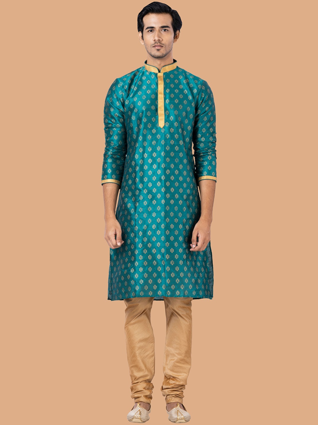 

ROOTED LIBAAS Men Green Ethnic Motifs Regular Dupion Silk Kurta with Churidar