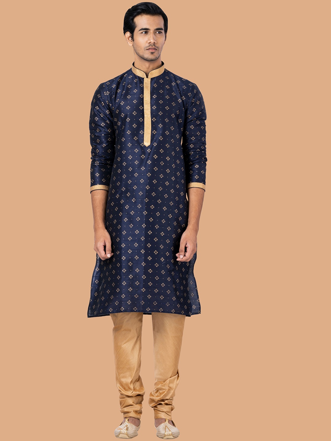 

ROOTED LIBAAS Men Navy Blue Ethnic Motifs Printed Regular Beads and Stones Dupion Silk Kurta with Churidar