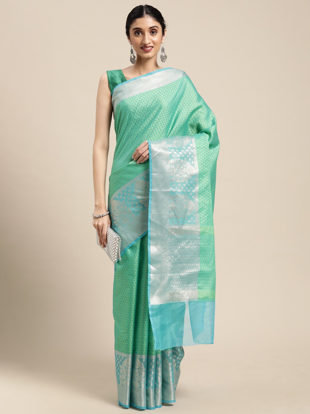 

Humairah Ethnic Motifs Woven Design Zari Detailed Banarasi Saree, Green